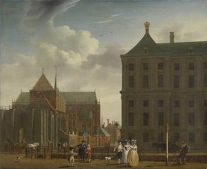 Nieuwe Kerk ja kaupungintalo Amsterdamin Damin varrella, noin 1780-90.