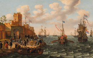 Hollantilainen kolmipäällikkö ja paavin keittiö sekä muita laivoja linnoitettujen kaupungin rannikolla, n. 1662 (öljy paneelissa) tekijältä Isaak Willaerts