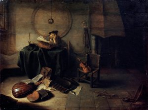 "Melankolia II Tiedemies ateljessaan", hollantilainen maalaus 1600-luvulta tekijältä Isaak de Jouderville