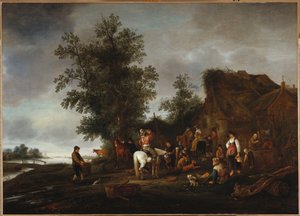 Matkailijat virkistäytymässä joenrantatavernassa, 1664