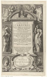 P. Melanchthonin Chronica Carioniksen nimisivu Chronica Carionis maailman alusta aen tot den Keyser Carolum (otsikko esineessä) tekijältä Isaeck van Aelst