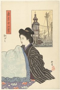 Shinbashi (otsikko esineessä) Kaksitoista näkymää Tokiosta (sarjan nimi) Tokyo junikei (sarjan nimi esineellä) tekijältä Ishii Hakutei