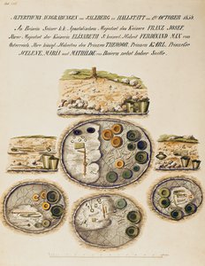 Hallstattin hautapaikka, kokoelma 1800-luvun akvarelleja (akvarelli) (vesiväri) tekijältä Isidor Engel