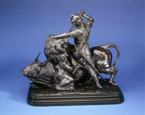 Kuningas tappaa härän kimppuun hyökkäävän leijonan, n. 1874 (musta patinapronssi) tekijältä Isidore Jules Bonheur