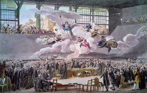 Ranskan vallankumous: "" Le oath du jeu de Paume le 20 juin 1789"" Kansanedustajat vannovat, etteivät he eroa toisistaan ennen kuin perustuslaki on korjattu. Isidore Helmanin (1743-1809) kaiverrus 1789 Paris, B.N.