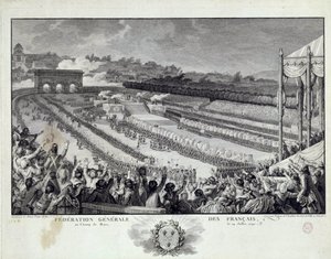 Ranskan vallankumous: näkymä Ranskan departementtien yleisen liiton juhlasta Champs de Marsilla Pariisissa 14.7.1791. Kuvitus: Isidore Helman (1743-1809) 1700-luvun Pariisi, Musee Carnavalet tekijältä Isidore Stanislas Helman