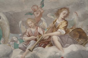 Enkelit, muusikkoenkeleitä ja puttoja, yksityiskohta Paratiisista ikuisen Isän kanssa, n. 1623-34 (yksityiskohta numerosta 3496185)