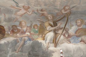 Enkelit, muusikkoenkeleitä ja puttoja, yksityiskohta Paratiisista ikuisen Isän kanssa, n. 1623-34 (yksityiskohta numerosta 3496185) tekijältä Isidoro Bianchi