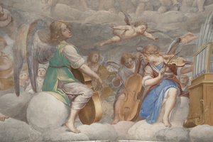 Enkelit, muusikkoenkeleitä ja puttoja, yksityiskohta Paratiisista ikuisen Isän kanssa, n. 1623-34 (yksityiskohta numerosta 3496185)