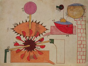 Kaavio järjestelmästä veden pumppaamiseksi altaaseen, Al-Jazarin teoksesta Book of Knowledge of Genious Mechanical Devices, 1206 tekijältä Islamic School