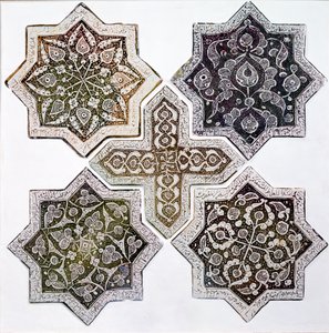 Viisi laatta, Kashan, Iran (kullanruskealla kiiltävällä koristeltu kivitahna) tekijältä Islamic School