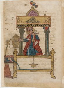 Käsienpesuautomaatti huuhtelumekanismilla, folio kirjasta The Book of Genious Mechanical Devices; Al-Djazari, 1315 (läpinäkymätön wc, muste ja kulta paperille) tekijältä Islamic School