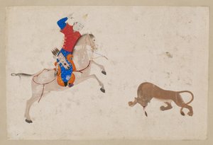 Ratsumies tappamassa leijonaa, Bukharasta tai Tabrizista, Uzbekistanista (väri ja kulta paperille). tekijältä Islamic School