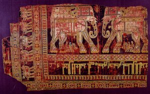 Islamilainen taide: Pyhän Jossen käärinliina. Silkkikangas, 901 jKr. Saint Jossen, Khorasanin, Chorasanin tai Khurasanin luostarista. Herat, moderni Afganistan. Pariisi, Louvre-museo tekijältä Islamic School