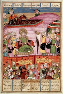 Islamilainen taide: "" Sohrab (Saharab) seisoo Roustamin teltassa""" Persialainen miniatyyri Ferdowsin (Firdawsi tai Ferdawsi) eeppisen runon "" Shahnameh"" (Shah Nama, Shahnama) (Kuninkaiden kirja) käsikirjoituksesta , tai Firdousi, noin 940 - noin 1020)  tekijältä Islamic School