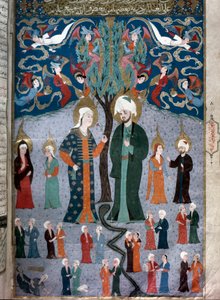 Islamilainen esitys Adamista ja Eevasta Miniatyyri historioitsija Seyyid Loqman Ashurin käsikirjoituksesta "Zubdat al Tawarikh" (Zubdat al Tawarikh) (Tarinoiden kerma) 1538. Turkkilainen ja islamilainen taidemuseo Istanbulissa tekijältä Islamic School