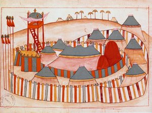 Turkkilaisten sotilasleiri guassi islamilaisen koulun paperilla (Ms 1671) 1500-luvun Venetsian museo Correr tekijältä Islamic School