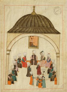 Ms. cicogna 1971, miniatyyri "Memory Turchesesta", joka kuvaa keisarillista salia Topkapin palatsissa, Konstantinopolissa, n. 1580 tekijältä Islamic School