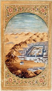Näkymä Mekkaan (La Mekke), muslimien pyhiinvaelluspaikalle ja Arafat-vuoren tasangoille (Arafah), Saudi-Arabia. Sivu otettu Koraanin painoksesta tekijältä Islamic School