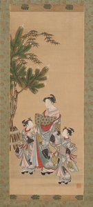 Kurtisaani ja kaksi hoitajaa uudenvuodenpäivänä, n. 1780-luku. tekijältä Isoda Koryusai