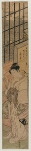Courtesaani huoneessa, josta on näkymät Edo Baylle, c. 1770. tekijältä Isoda Koryusai