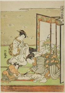 Leikkaus ja ompelu (Tachinui), sarjasta "Muodikkaita saavutuksia (Furyu shogei zukushi)" tekijältä Isoda Koryusai