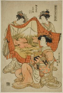 Hamaya of the Asahimaruya, sarjasta "Models for Fashion: New Designs as Fresh as Young Leaves (Hinagata wakana no hatsu moyo)" tekijältä Isoda Koryusai