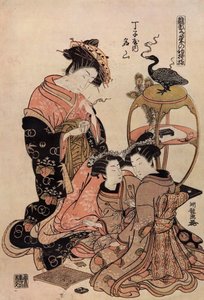 Japanilainen kurtisaani kimonossa juomassa teetä tekijältä Isoda Koryusai