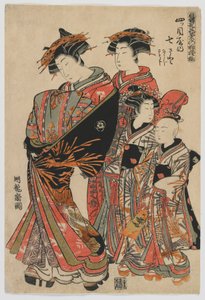Mallit muotiin: Uusia malleja tuoreina nuorina lehtinä: Yotsumeyan kurtisaani Nanasato ja hänen avustajansa Nanaji ja Satoji, Edo-kausi, 1778-80 (värillinen puupainatus)