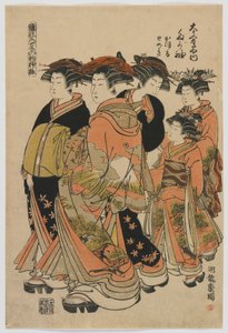 Muotimallit: Uudet mallit tuoreina nuorina lehtinä: Daimonjiyan kurtisaanitagasodi Katsuru, Tomeki ja Attendants kanssa, Edo-kausi, 1778-80 (värillinen puupainatus) tekijältä Isoda Koryusai