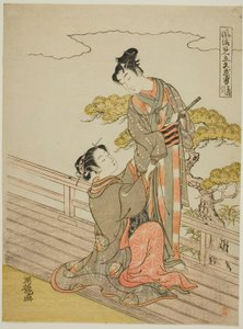 Parodia panssaria vetävästä kohtauksesta (Kusazuribiki), sarjasta "Fashionable Parodies of Bravery in Love (Furyu mitate iro-buyu)" tekijältä Isoda Koryusai