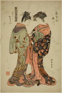 Ogiyan Takigawa ja Katarai, sarjasta "Models for Fashion: New Designs as Fresh as Young Leaves (Hinagata wakana hatsu moyo)" tekijältä Isoda Koryusai