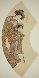 Kurtesaani Hanaogi Ogiyasta ja hänen avustajansa sarjasta Fans of the East tekijältä Isoda Koryusai