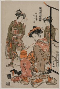 Yamashiroyan kurtisaani Karahama suorittamassa teeseremonian..., 1770-luvun lopulla. tekijältä Isoda Koryusai