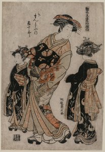 Kage Manjiyan kurtisaani Kichijuro kahdella kamurolla (sarjasta Models for Fashions: New Designs as Fresh as Young Leaves) tekijältä Isoda Koryusai