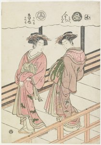 Kaksi kurtisaania verannalla, 1777 (värillinen puupainatus) tekijältä Isoda Koryusai