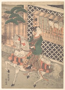 Nuori samurai ratsain ja naisia ikkunassa tekijältä Isoda Koryusai