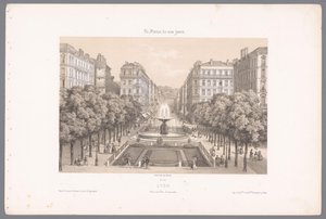 Zicht op de Place en de Rue Impériale te Lyon Lyon. Keisarillinen aukio ja katu (otsikko esineessä) Hedendaags Frankrijk (sarjan nimi) Ranska nykyään (sarjan nimi esineellä) tekijältä Isodore Laurent Deroy