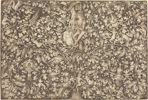 Ornamenttipaneeli, jossa on kaksi rakastajaa, c. 14901500. tekijältä Israhel van Meckenem