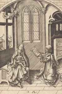Pyhä Luukas piirtää neitsyen muotokuvan, n. 1475. tekijältä Israhel van Meckenem