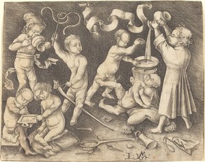 Seitsemän lasta leikkimässä, n. 1490. tekijältä Israhel van Meckenem