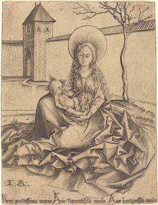 Neitsyt ja lapsi pihalla tekijältä Israhel van Meckenem after Martin Schongauer
