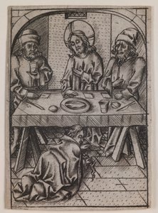 Maria Magdaleena pesee Kristuksen jalat, noin 1500 (kaiverrus). tekijältä Israhel van the younger Meckenem