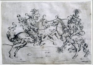 Kaksi ratsastajaa pelaa. Kahden miehen peli hevosen selässä. Piirros Israel Van Meckenem (n. 1440-1503). Louvren taidemuseo tekijältä Israhel van the younger Meckenem