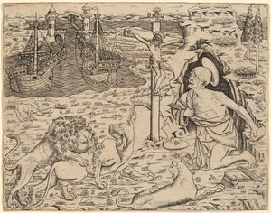 Saint Jerome katumuksessa, kaksi laivaa satamassa tekijältä Italian 15th Century