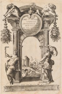 Kirja, joka kuuluu arkkitehtuuriin [Title Page] tekijältä Italian 16th Century, after Antonio Labacco, published by Giovanni Boni