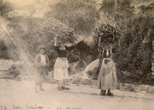 Maanviljelijät kantavat puunippuja päällään, Paola, Calabria, Leopoldo Menarinin valokuva, n. 1910. tekijältä Italian Photographer