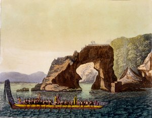 Maorien linnoitettu näköalapaikka Uudessa-Seelannissa yhdistettynä maorien sotakanoottiin, 1820-30-luku (käsinvärinen akvatinta) tekijältä Italian School