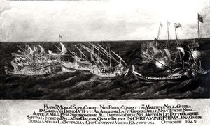 Meritaistelu Venetsian laivaston välillä kenraali Francesco Morosinin (1618-94) johtaman turkkilaisia vastaan Kreetan rannikolla, lokakuu 1645 (öljy kankaalle) (mustavalkoinen kuva) tekijältä Italian School