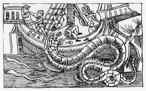 Merikäärme, Olaus Magnuksen (1490-1557) teoksesta Historia de Gentibus Septentrionalibus, julkaistu Roomassa, 1555